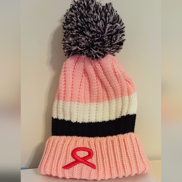 Knit Breast Cancer Awareness Winter Pompom Hat - Winter Beanie Hat - Picture 1 of 2